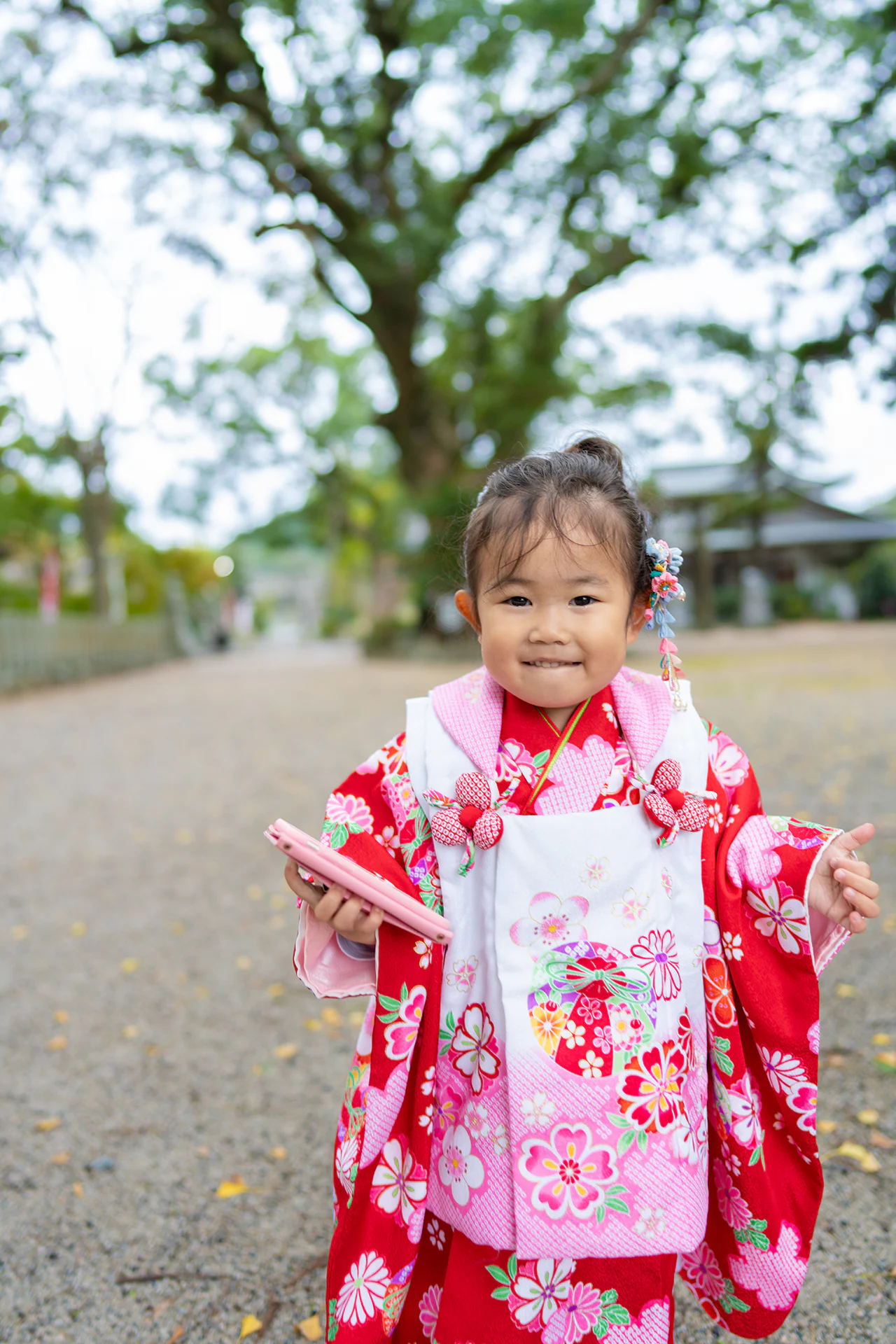 【福岡県遠賀郡岡垣町で家族写真撮影】姉妹の７歳女子と３歳女子の撮影です。岡垣の高倉神社での撮影は、今回が初めての機会でした。境内は随所にスポットライトで照らされたような美しい光が差し込み、とても雰囲気のある神社でした。また、祈祷中の撮影が許可されているのも魅力的なポイントです。3